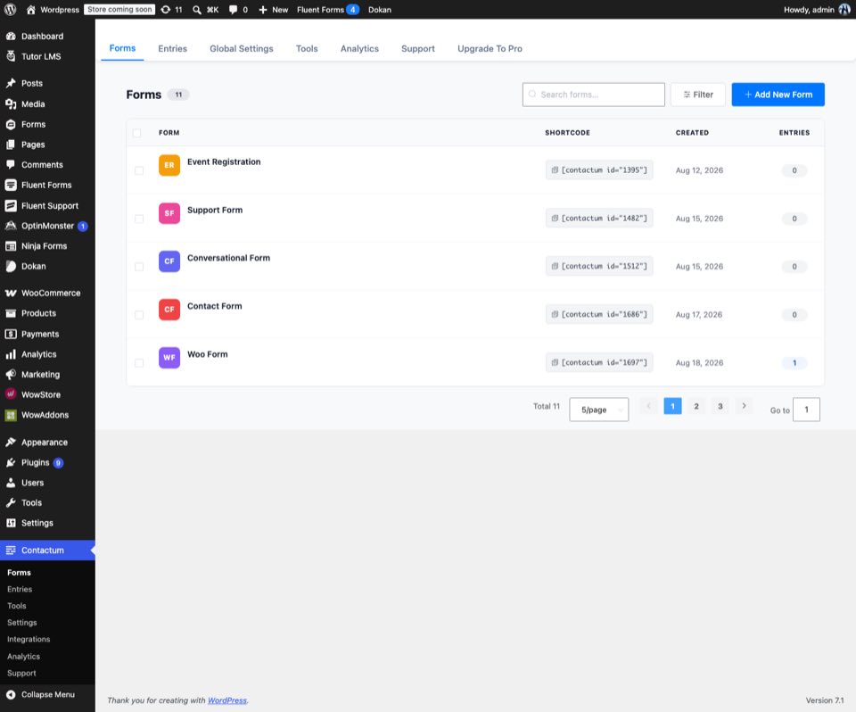 Contactum Forms list screen showing all created forms with shortcodes and entry counts