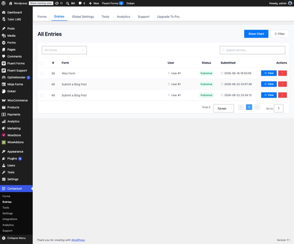 Contactum Entries screen showing submitted form entries with status and submission date