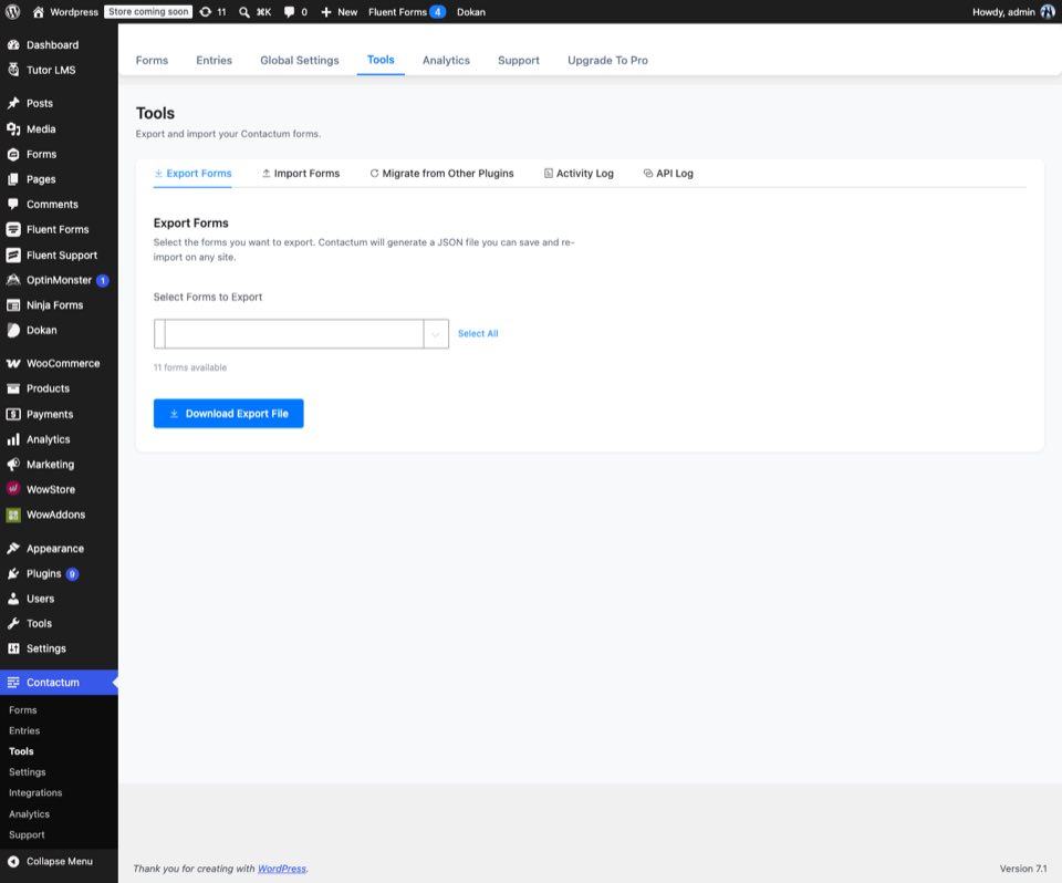 Contactum Tools screen with form export, import, migration, and log options
