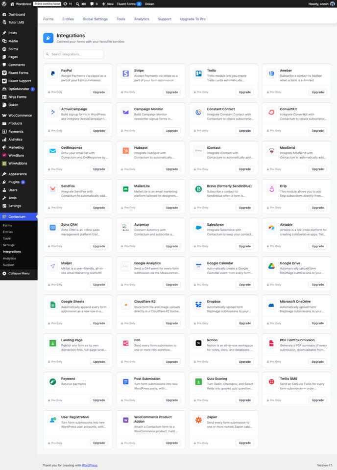 Contactum Integrations screen listing available third-party integrations