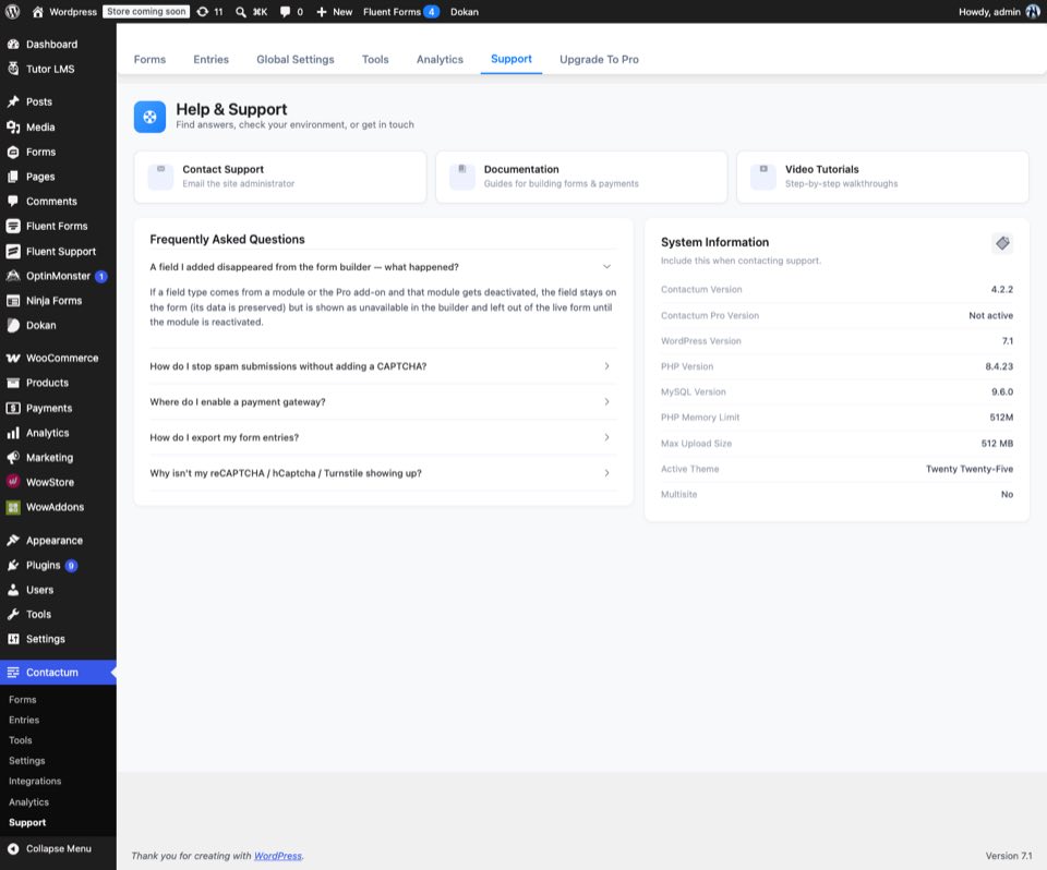 Contactum Support screen with help and support resources