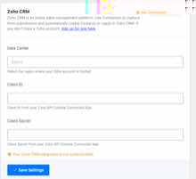 Zoho CRM global settings screen in Contactum, showing Data Center, Client ID, and Client Secret fields with a Not Connected status badge